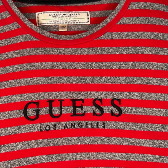 Red Gray Striped Embroidered Los Angeles Guess‎ Tee Streetwear Crewneck Unisex L - Picture 4 of 5